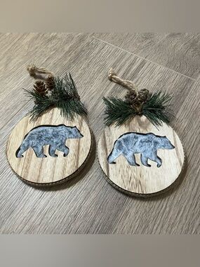 (2) Rustic Bear Wooden Holiday Ornaments Faux Fur Handmade Homemade Christmas